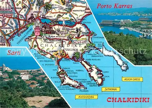 AK / Ansichtskarte Chalkidiki_Halkidiki Landkarte Halbinsel aegaeis Hafenstaedte Sarti Porto Karras Chalkidiki Halkidiki
