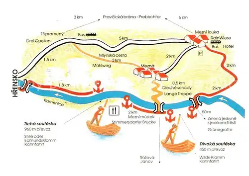 AK / Ansichtskarte Hrensko Landkarte mit Fluss Kamenice Bootstouren Hrensko