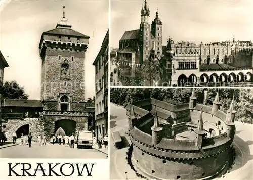 AK / Ansichtskarte Krakow_Krakau Brama Florianska Kosciol Mariacki i Sukiennice Barbakan Krakow Krakau