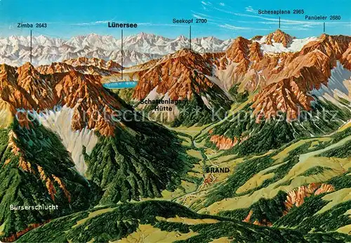 AK / Ansichtskarte Brand_Bludenz Panorama Brandnertal Alpen aus der Vogelperspektive Brand Bludenz