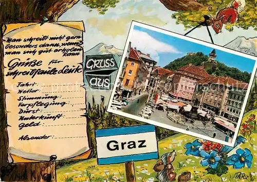 AK / Ansichtskarte Graz_Steiermark Marktplatz Denkmal Schlossberg mit Uhrturm Kuenstlerkarte Graz_Steiermark