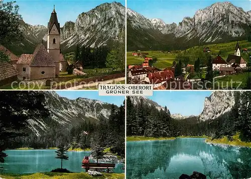 AK / Ansichtskarte Oberort_Tragoess Ortsansicht mit Kirche Gruener See Alpenpanorama Oberort Tragoess