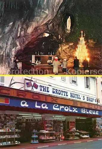 AK / Ansichtskarte Lourdes_Hautes_Pyrenees A La Croix Bleue Grotte Hotels Shop Lourdes_Hautes_Pyrenees