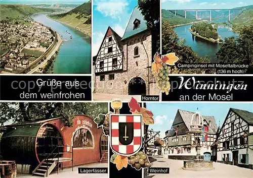 AK / Ansichtskarte Winningen_Mosel Fliegeraufnahme Campinginsel Moselbruecke Lagerfaesser Weinhof Winningen Mosel