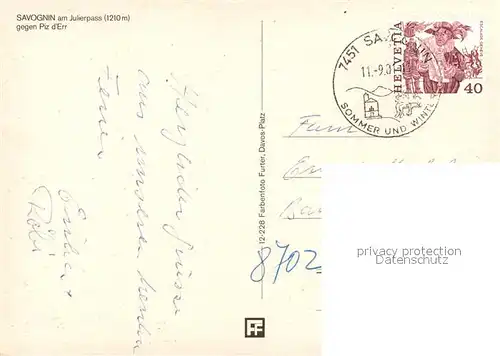 AK / Ansichtskarte Savognin Panorama Blick gegen Piz d Err Albula Alpen Savognin