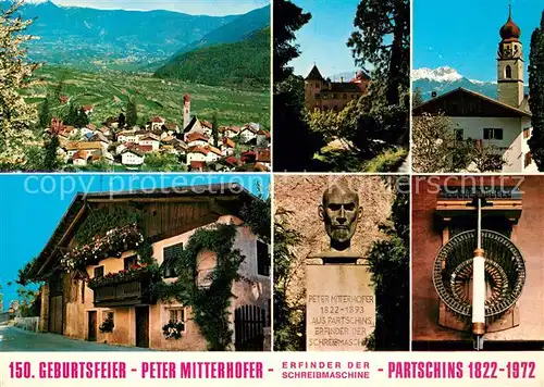 AK / Ansichtskarte Partschins_Merano_Suedtirol 150. Geburtsfeier Peter Mitterhofer Erfinder der Schreibmaschine Schloss Gedenkbueste Partschins_Merano