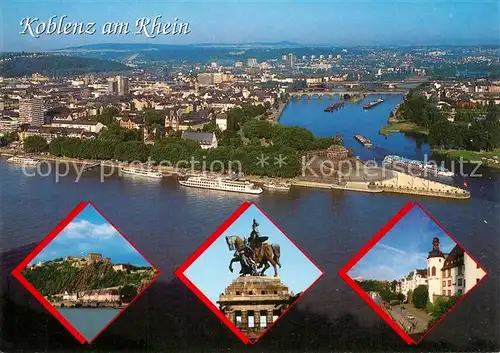 AK / Ansichtskarte Koblenz_Rhein Fliegeraufnahme Deutsches Eck Festung Ehrenbreitstein Kaiser Wilhelm Denkmal Altstadt Koblenz_Rhein