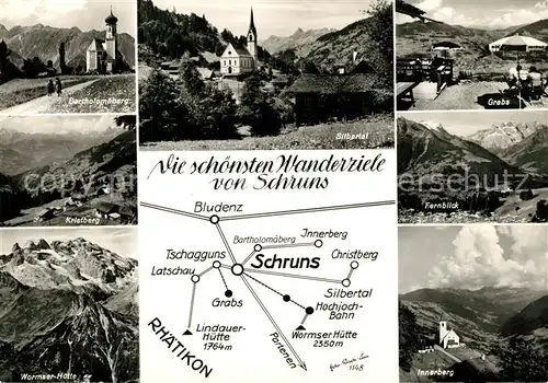 AK / Ansichtskarte Schruns_Vorarlberg Krietberg Wormser Huette Silbertal Grabs Fernblick Innerberg Wanderkarte Schruns Vorarlberg