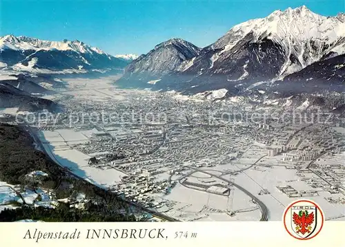 AK / Ansichtskarte Innsbruck Winterpanorama Alpenstadt Schloss Ambras Brenner Autobahn Oberinntal Karwendelgebirge Fliegeraufnahme Innsbruck