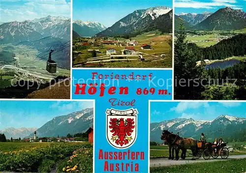 AK / Ansichtskarte Hoefen_Tirol Gesamtansicht mit Alpenpanorama Landschaft See Pferdekutsche Bergbahn Wappen Hoefen Tirol