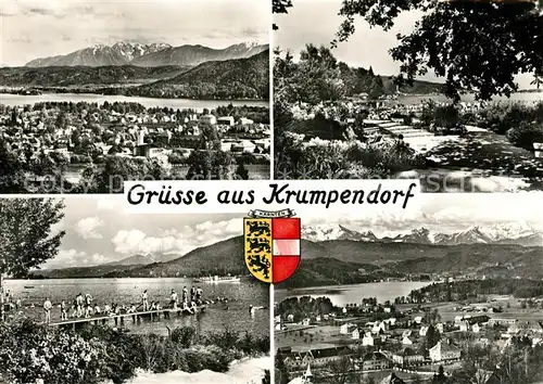 AK / Ansichtskarte Krumpendorf_Woerthersee Gesamtansicht mit Alpenpanorama Uferpromenade Badesteg Krumpendorf Woerthersee