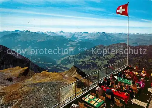 AK / Ansichtskarte Lenzerheide_GR Rothorngipfel Berggasthaus Terrasse Blick auf Piz Scalottas Rheinwald Adulagruppe Alpenpanorama Schweizer Flagge Lenzerheide GR