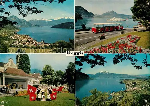 AK / Ansichtskarte Weggis_Vierwaldstaettersee Landschaftspanorama Alpen Touristenbahn Konzertpavillon Schweizer Flagge Weggis_Vierwaldstaettersee