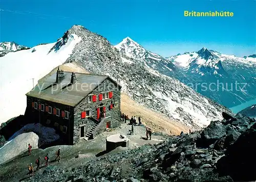 AK / Ansichtskarte Britanniahuette Berghuette Saastal Kl Allalinhorn Mattmarksee Walliser Alpen Britanniahuette