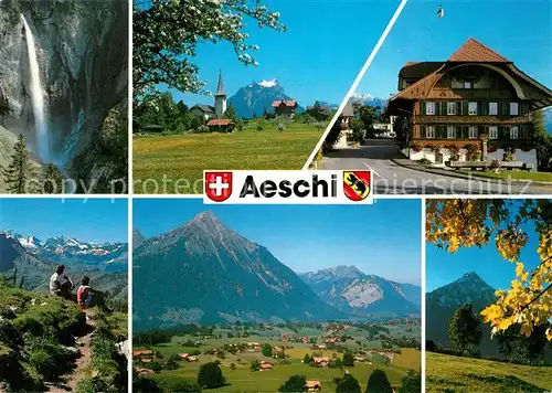 AK / Ansichtskarte Aeschi_BE Wasserfall Pochtenfall Rothorn Berner Alpen Gemeindehaus Landschaftspanorama Aeschiried Niesen Aeschi_BE
