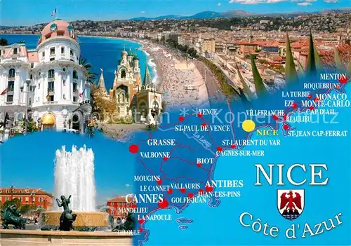 AK / Ansichtskarte Nice_Alpes_Maritimes Hotel Kirche Brunnen Stadtpanorama Strand Landkarte Cote d Azur Nice_Alpes_Maritimes