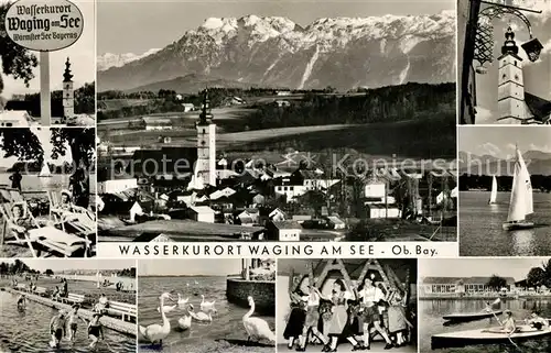 AK / Ansichtskarte Waging_See Kneippbecken Kirchturm Segelboote Volkstanzgruppe Kanu Waging_See