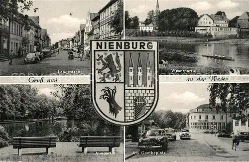 AK / Ansichtskarte Nienburg_Weser Langestrasse Weserpartie Auepartie Ruhebank Goetheplatz Wappen Nienburg Weser