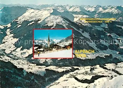 AK / Ansichtskarte Alpbach Ortsmotiv mit Kirche Alpbacher Bergbahn zum Wiedersberger Horn Kitzbueheler Alpen Fliegeraufnahme Alpbach