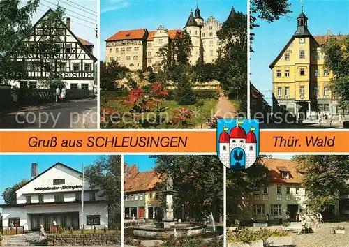 AK / Ansichtskarte Schleusingen Kehrsmuehle Schloss Bertholdsburg Rathaus Theater Lichtspiele Marktbrunnen Hotel Frieden Schleusingen