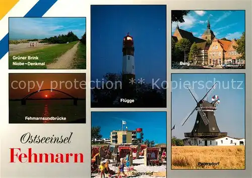 AK / Ansichtskarte Fehmarn Gruener Brink Niobe Denkmal Fehmarnsundbruecke Fluegge Leuchtturm Burg Petersdorf Windmuehle Suedstrand Fehmarn