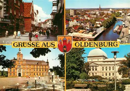 AK / Ansichtskarte Oldenburg_Niedersachsen Lange Strasse Hafen Schloss Staatstheater Wappen Oldenburg Niedersachsen