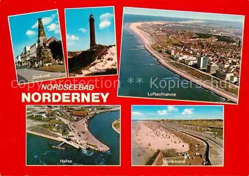 AK / Ansichtskarte Norderney_Nordseebad Fliegeraufnahme Denkmal Leuchtturm Hafen Nordstrand Norderney_Nordseebad