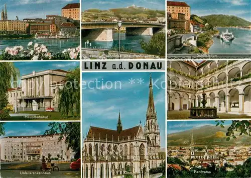 AK / Ansichtskarte Linz_Donau Donau Nibelungenbruecke Poestlingberg Schiffstation Bahnhof Krankenhaus Dom Landhaus Panorama Linz_Donau