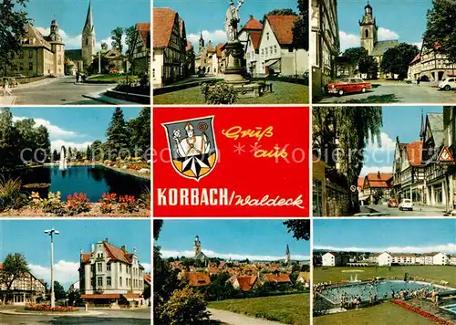 AK / Ansichtskarte Korbach Ortsansichten Kirche Brunnen Teich Hauptstrasse Freibad Wappen Korbach