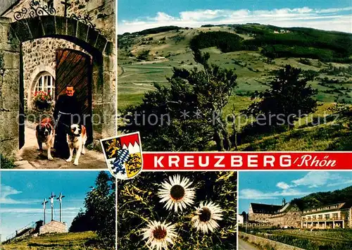 AK / Ansichtskarte Kreuzberg_Rhoen Kloster Bernhardiner Hunde Landschaftspanorama Golgota Kreuze Kreuzberg Disteln Kreuzberg Rhoen