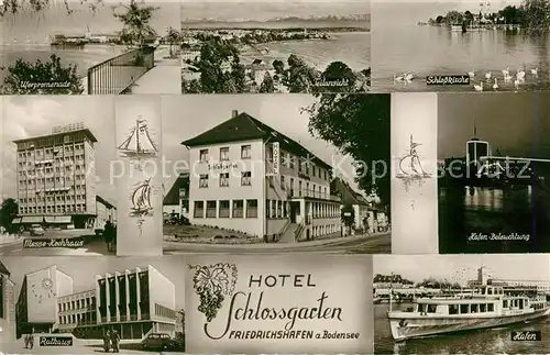 AK / Ansichtskarte Friedrichshafen_Bodensee Hotel Schlossgarten Promenade Schlosskirche Messe Hochhaus Hafenbeleuchtung Rathaus Fahrgastschiff Friedrichshafen Bodensee