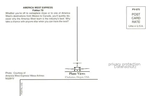AK / Ansichtskarte Flugzeuge_Zivil America West Express Fokker 70 N528YV  Flugzeuge Zivil