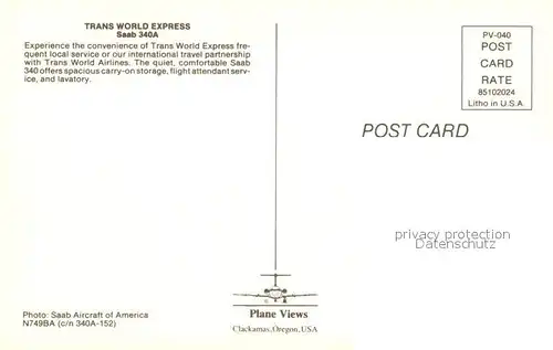 AK / Ansichtskarte Flugzeuge_Zivil Trans World Express Saab 340A N749BA c n 340A 152 Flugzeuge Zivil