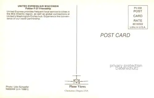 AK / Ansichtskarte Flugzeuge_Zivil United Express Air Wisconsin Fokker F 27 Friendship N502AW Flugzeuge Zivil