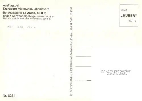 AK / Ansichtskarte Mittenwald_Bayern Ausflugsziel Kranzberg Berggaststaette St Anton gegen Karwendelgebirge Huber Karte Nr 8264 Mittenwald Bayern