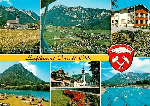 AK / Ansichtskarte Inzell Kirche Haus des Gastes Dorfplatz Schwimmbad Rauschberg Zwiesel Fliegeraufnahme Inzell