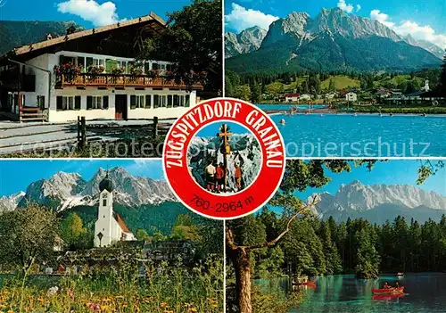 AK / Ansichtskarte Grainau Bauernhaus gegen Kramer Obergrainau Waxensteinkamm Bergkulisse Dorfkirche Badersee Waxenstein Wettersteingebirge Grainau
