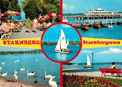 AK / Ansichtskarte Starnberg Gartenrestaurant Bootsanleger Fahrgastschiff Uferpromenade Segelboot Schwaene Starnberg