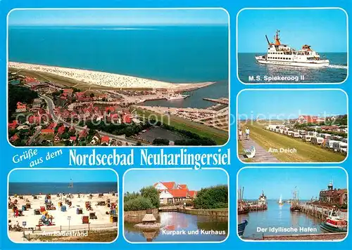 AK / Ansichtskarte Neuharlingersiel Fliegeraufnahme Badestrand Kurpark Kurhaus Hafen Deich MS Spiekeroog II Neuharlingersiel