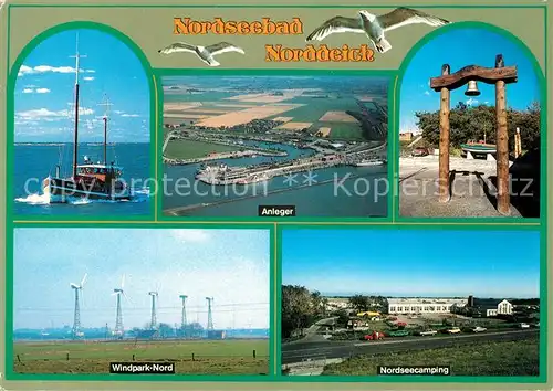 AK / Ansichtskarte Norddeich_Ostfriesland Fischkutter Glocke Nordseecamping Windpark Nord Hafen Moewen Fliegeraufnahme Norddeich_Ostfriesland