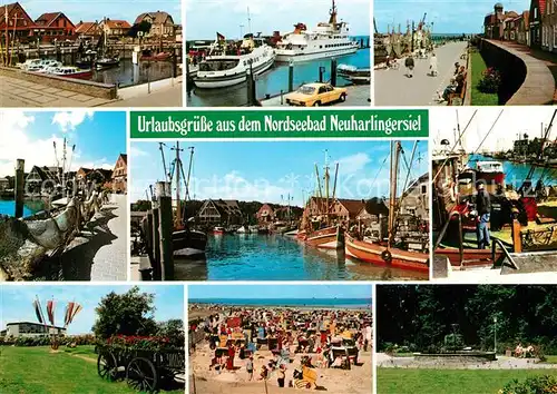 AK / Ansichtskarte Neuharlingersiel Hafen Faehre Fischkutter Kai Strand Brunnen Neuharlingersiel