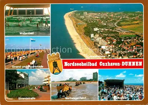 AK / Ansichtskarte Duhnen_Nordsee Fliegeraufnahme Wellenbad Strand Promenade Strandstrasse Wattwagenfahrt Kurkonzert Pavillon Duhnen Nordsee