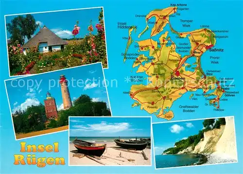 AK / Ansichtskarte Insel_Ruegen Reetdachhaus Leuchtturm Steilkueste Fischerboote Landkarte Insel Ruegen