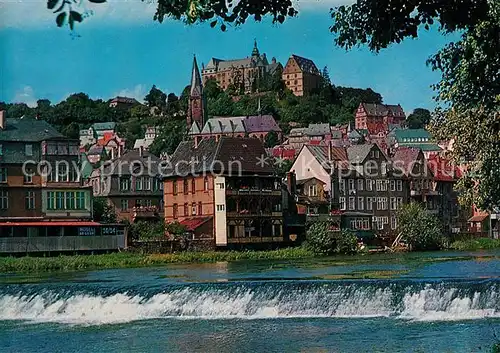 AK / Ansichtskarte Marburg_Lahn Lahn Wehr Altstadt Blick zum Schloss Marburg_Lahn
