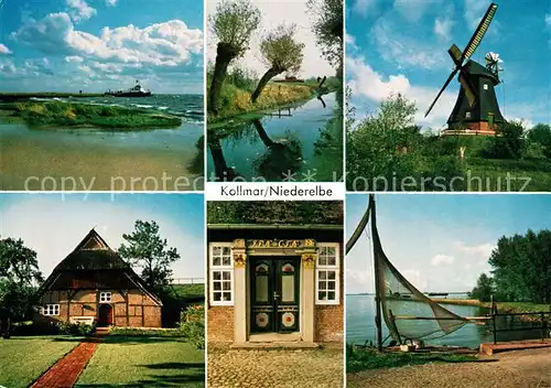 AK / Ansichtskarte Kollmar_Holstein Elbe und Strand An den Wettern Greves Muehle Windmuehle Deichkate Tuer aus Schloss oevelgoenne Hafen Stintnetz 
