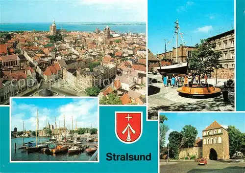 AK / Ansichtskarte Stralsund_Mecklenburg_Vorpommern Stadtpanorama Blick von St Marien Meeresmuseum Hafen Kniepertor Wappen Stralsund_Mecklenburg
