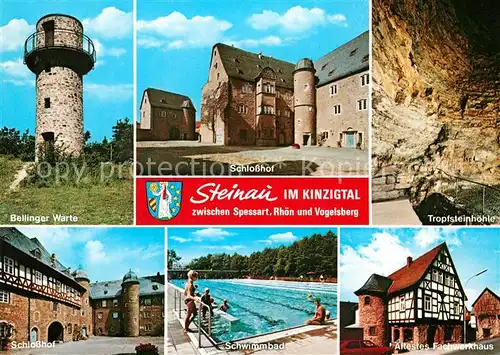 AK / Ansichtskarte Steinau_Strasse Bellinger Warte Schlosshof Tropfsteinhoehle aeltestes Fachwerkhaus Schwimmbad Freibad Steinau_Strasse