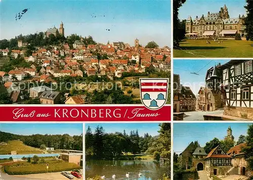 AK / Ansichtskarte Kronberg_Taunus Stadtpanorama Altstadt Burg Schloss Fachwerkhaeuser Freibad Schwanenteich Kronberg Taunus