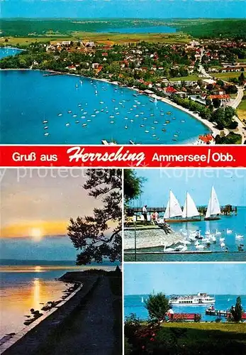 AK / Ansichtskarte Herrsching_Ammersee Fliegeraufnahme Uferpartie am See Fahrgastschiff Segeln Schwaene Herrsching Ammersee