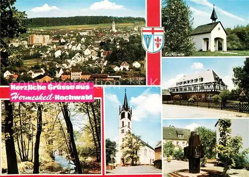 AK / Ansichtskarte Hermeskeil Erzkapelle Brunnen Jugendherberge Kirche Panorama Hermeskeil